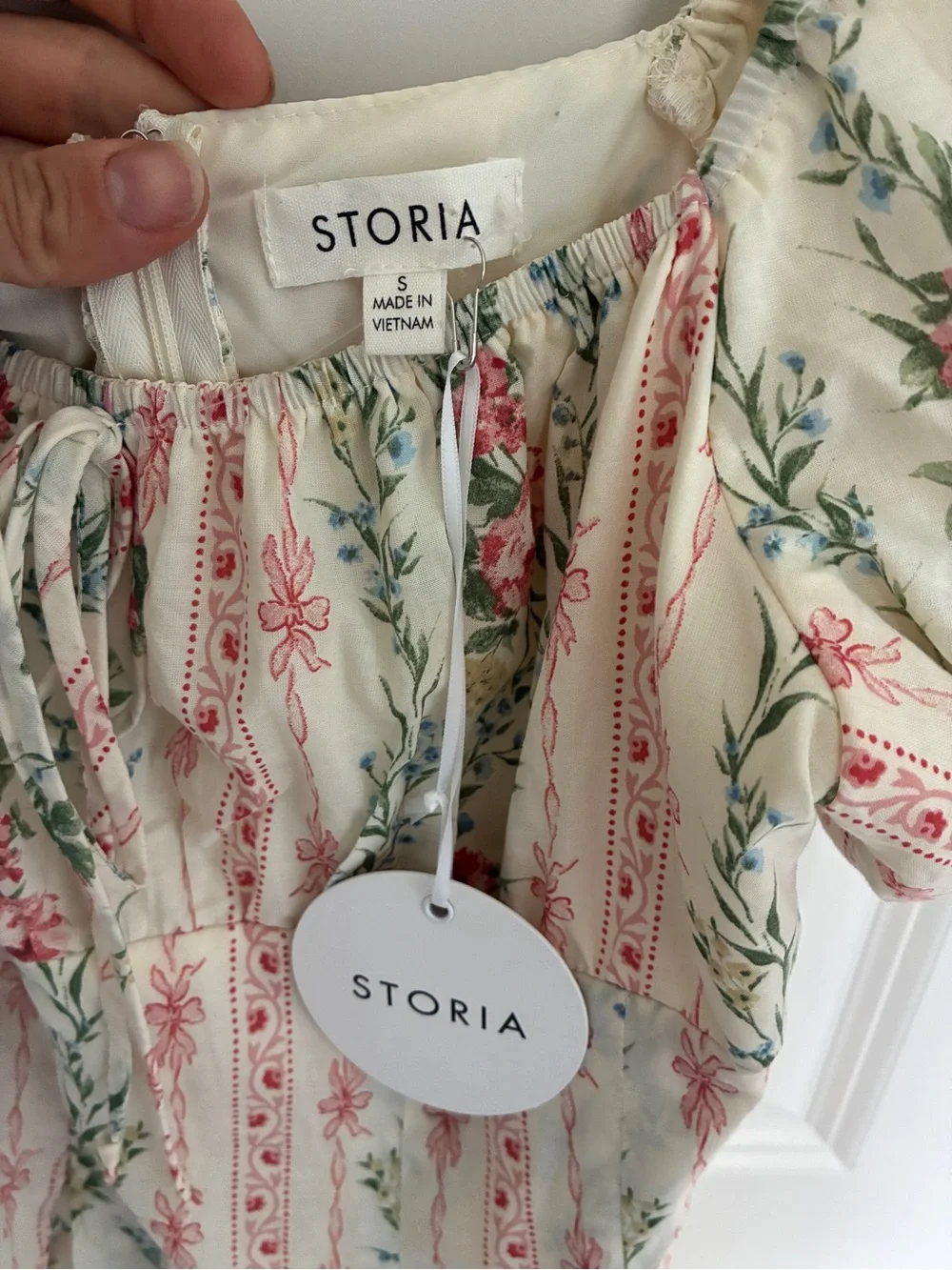NWT 100% cotton Storia Cream and Pink Floral Puff-Sleeve Midi Dress - Picture 4 of 11